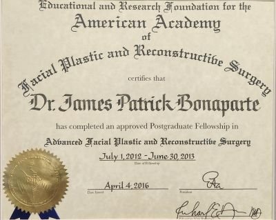 Dr. Bonaparte's fellowship diploma from the American Academy of Facial Plastic and Reconstructive Surgery (AAFPRS)