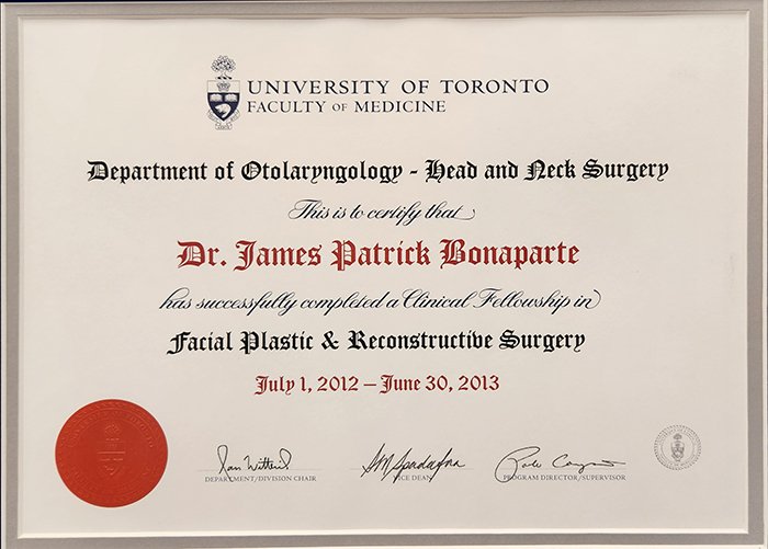 Dr. Bonaparte's certificate for completion of Facial Plastic Surgery program at the University of Toronto