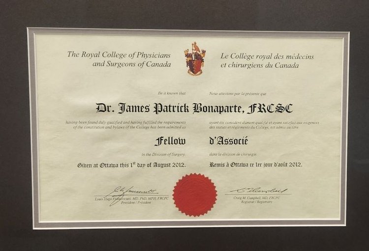 Image of Dr. Bonaparte's FRCSC (Fellow of the Royal College of Surgeons of Canada) degree