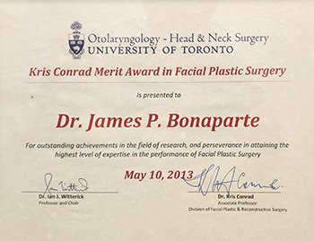 Award certificate: Dr. Bonaparte recipient of the Chris Conrad Award for Best Research Paper, University of Toronto.